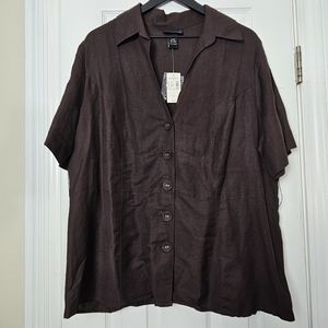 NWT brown linen blend shirt, Lane Bryant short sleeves, button-up blouse, 18/20